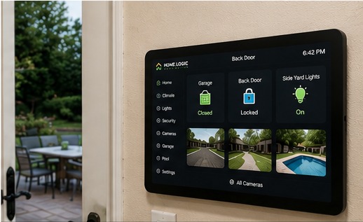 Black wall-mounted security and camera screen near a back door