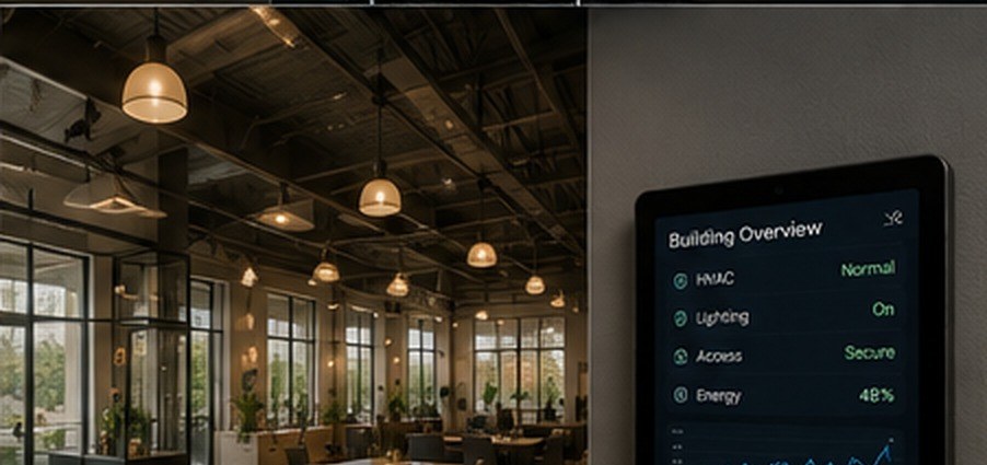 Commercial building overview screen in an open-plan restaurant