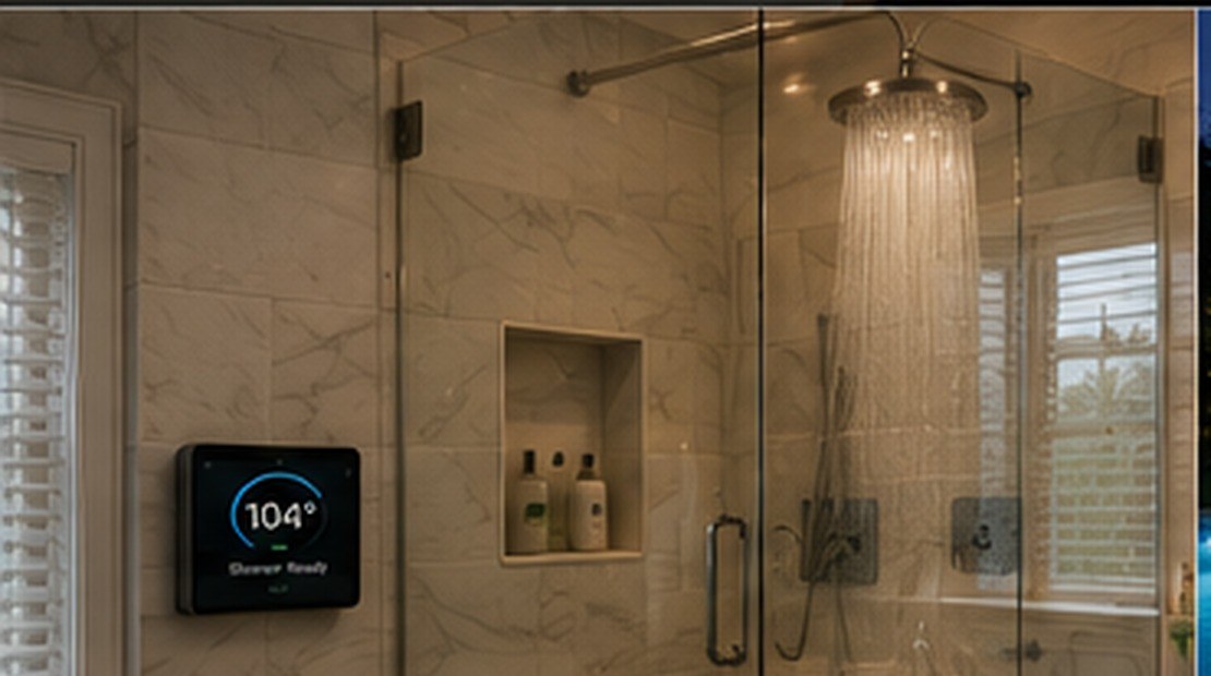 Walk-in shower with a wall-mounted digital temperature control
