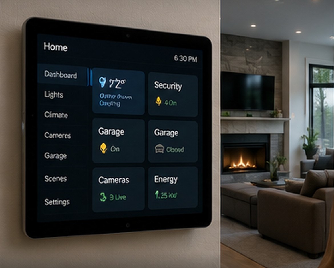 Whole-home control dashboard showing lighting, climate, cameras and entertainment