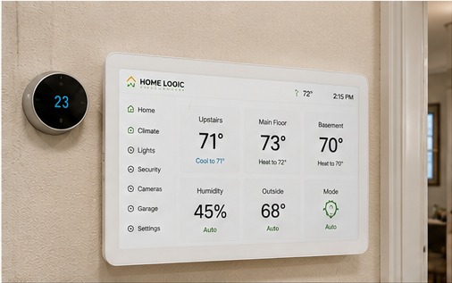 White wall-mounted climate control screen in a hallway