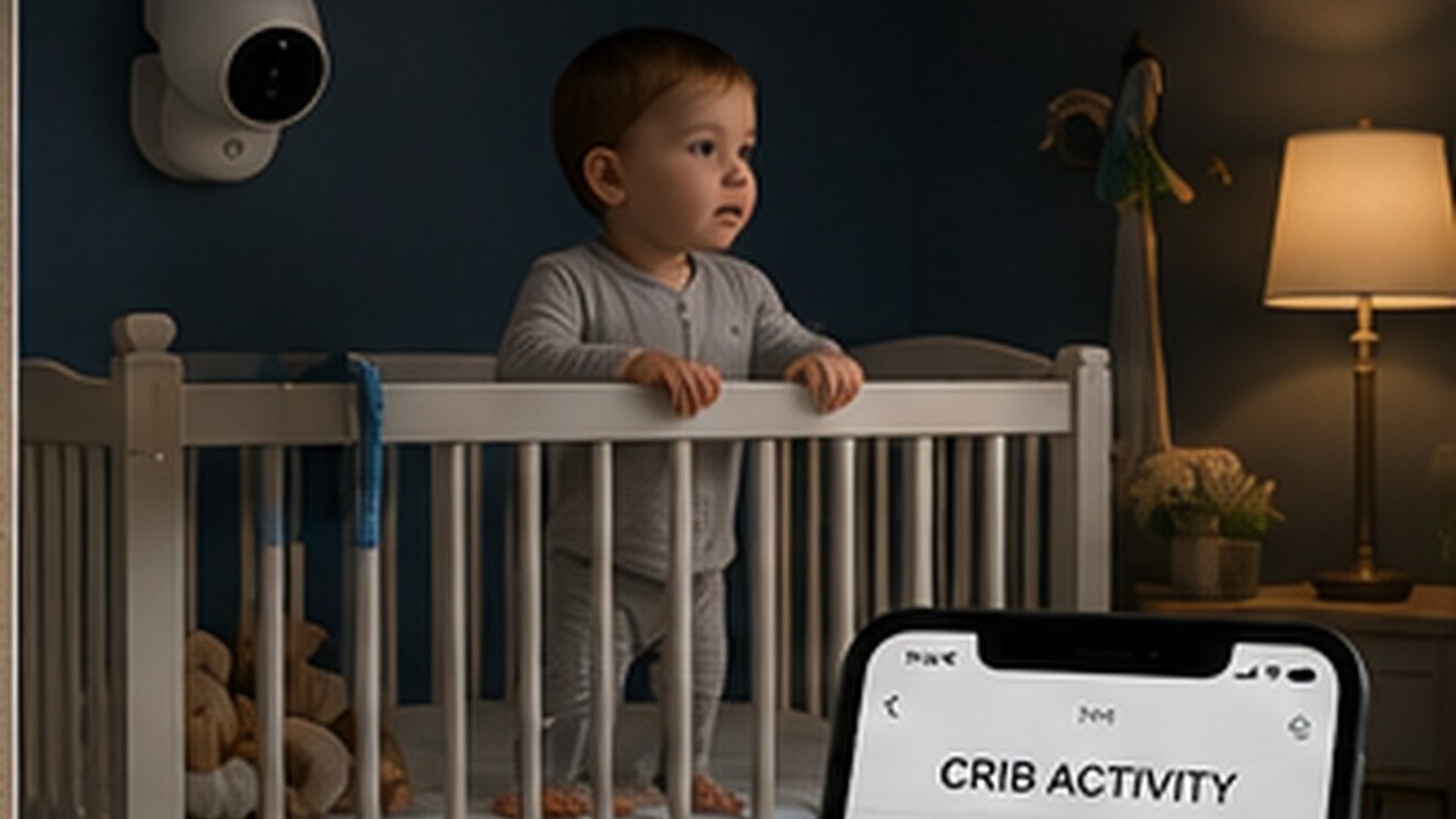 Nursery setup with a crib activity alert shown on a phone