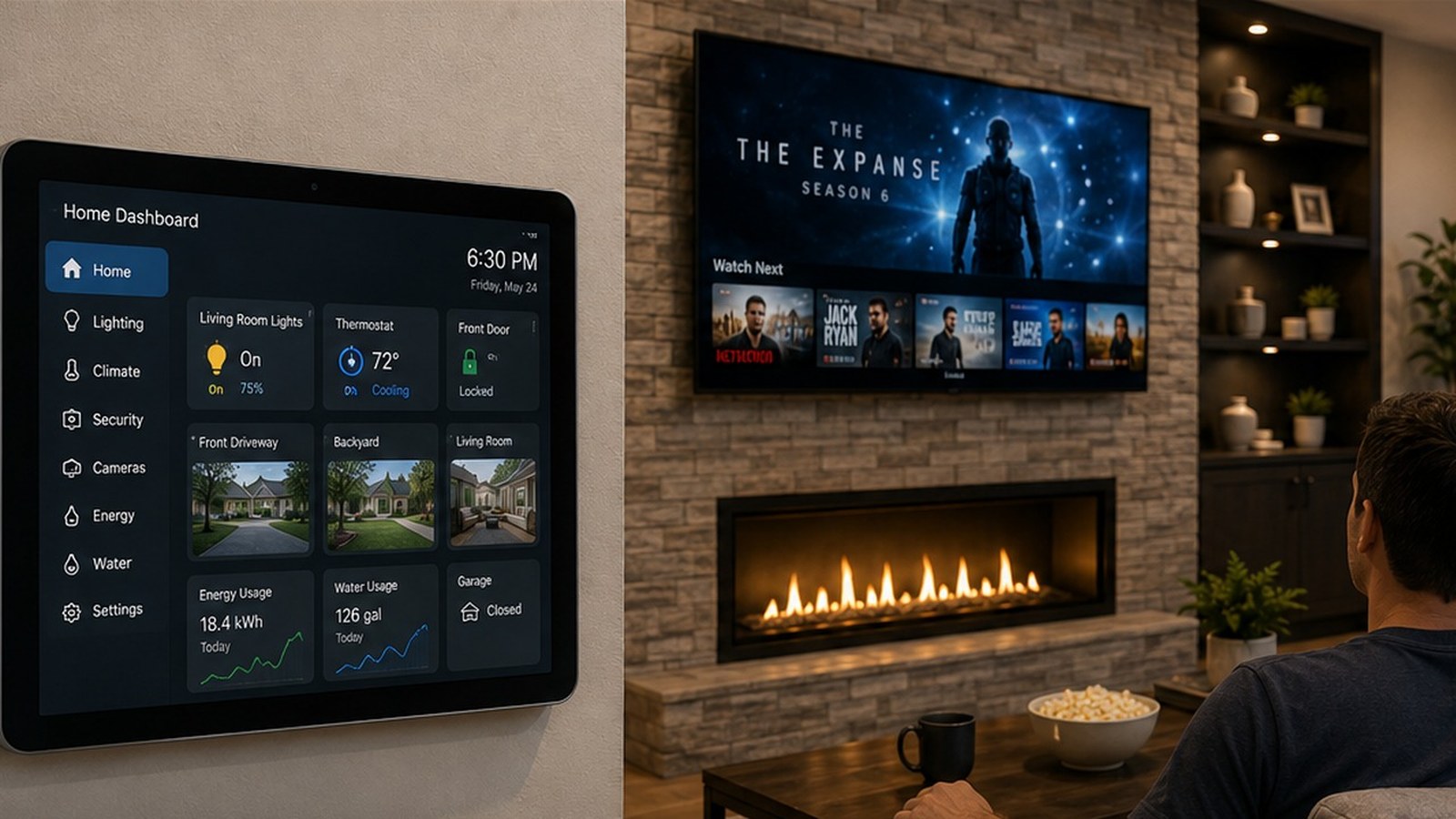 Whole-home dashboard beside a couple watching television in a living room