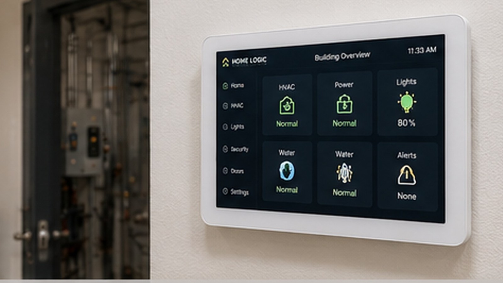 White wall-mounted monitoring screen near mechanical equipment