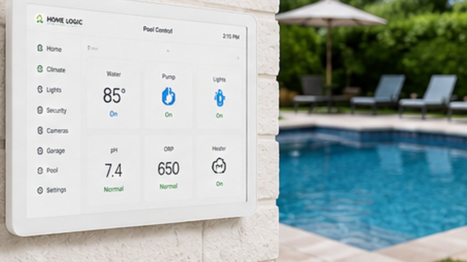 White wall-mounted pool control screen beside a backyard pool