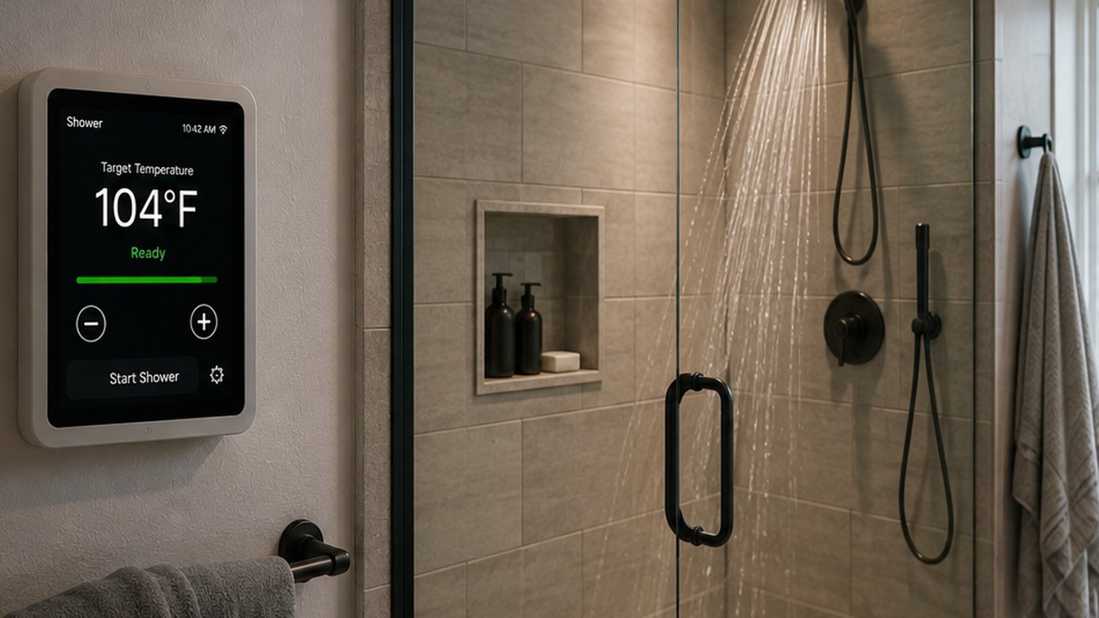 Modern shower with a wall-mounted temperature controller nearby