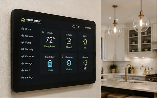 Black wall-mounted home control screen beside a kitchen