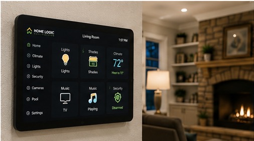 Black wall-mounted living room automation screen