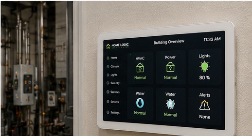 White wall-mounted building overview screen near mechanical equipment