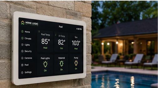 White wall-mounted pool control screen beside a backyard pool